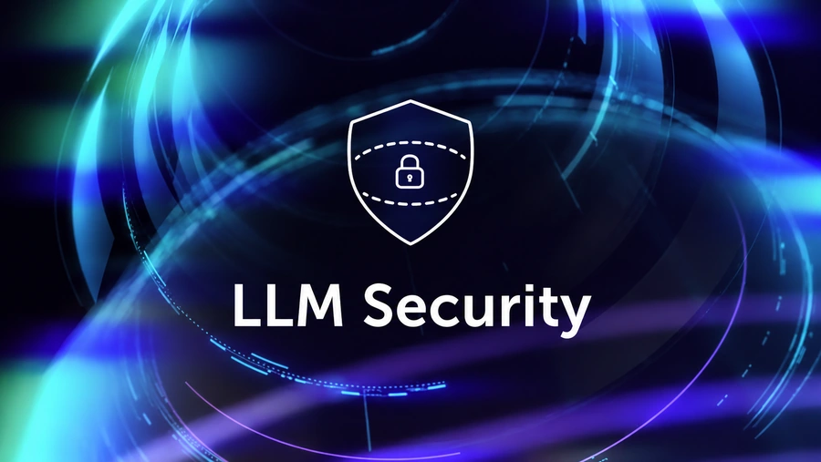 LLM security concept with a padlock shield against a blue and violet abstract background.