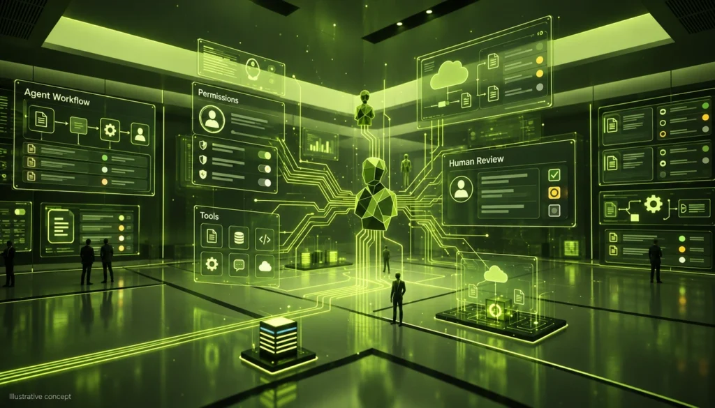 Illustrative agent workflow linking permitted tools, information and human review in a control-room setting.