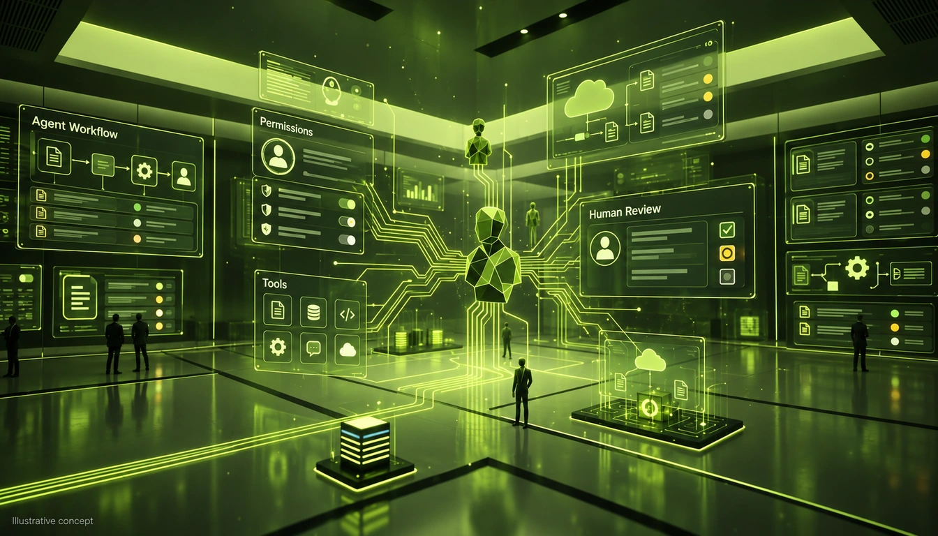 Illustrative agent workflow linking permitted tools, information and human review in a control-room setting.