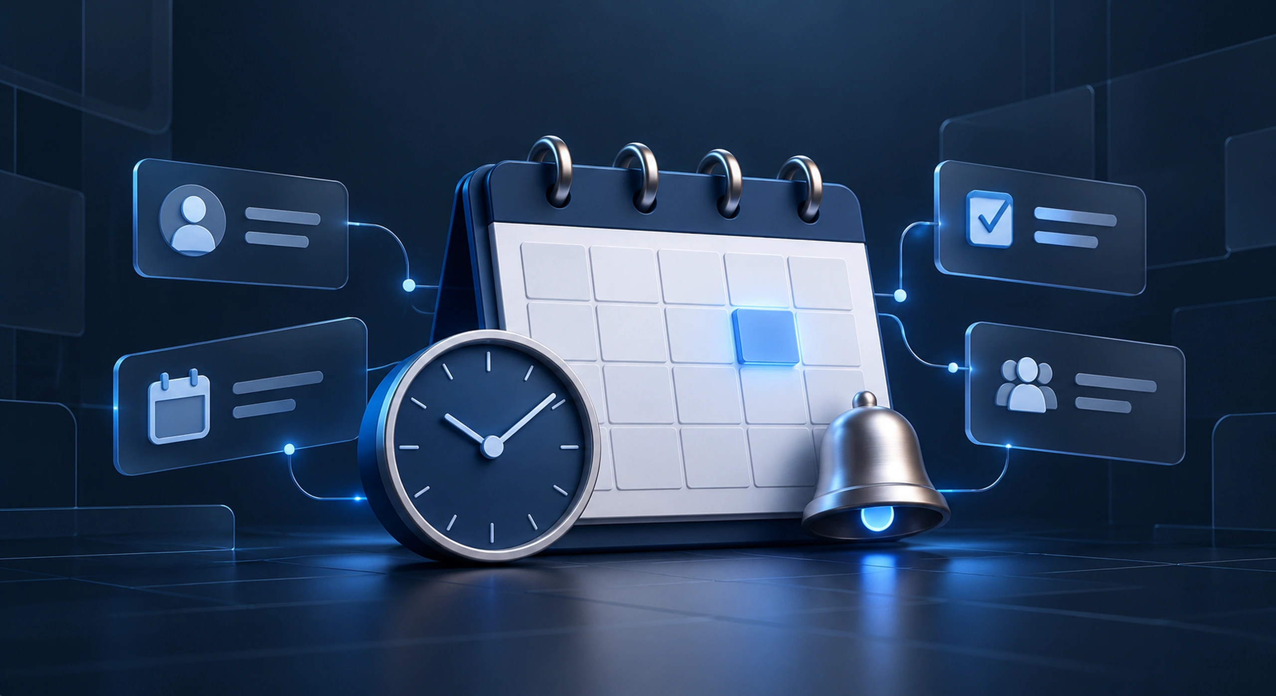 Conceptual illustration of a calendar, clock and reminder bell connected to appointment scheduling records.