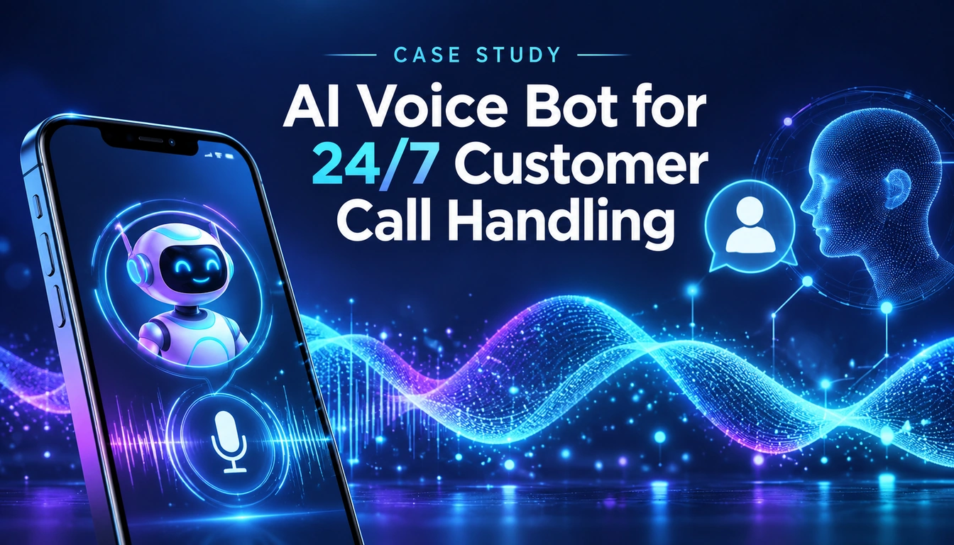 Conceptual AI voice-bot case-study cover with smartphone, voice wave and human handoff.