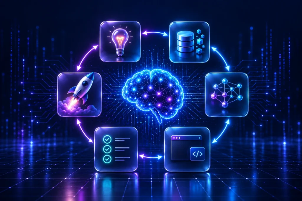 Conceptual AI application lifecycle connecting ideas, data, models, implementation, evaluation and deployment.