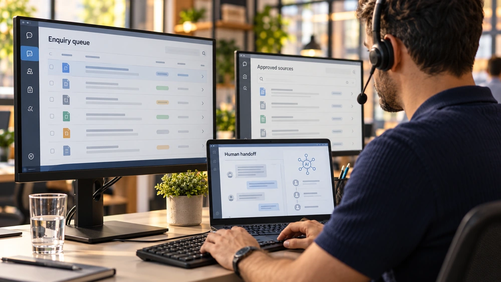 Fictional support operator reviewing an enquiry queue, approved sources and human handoff.