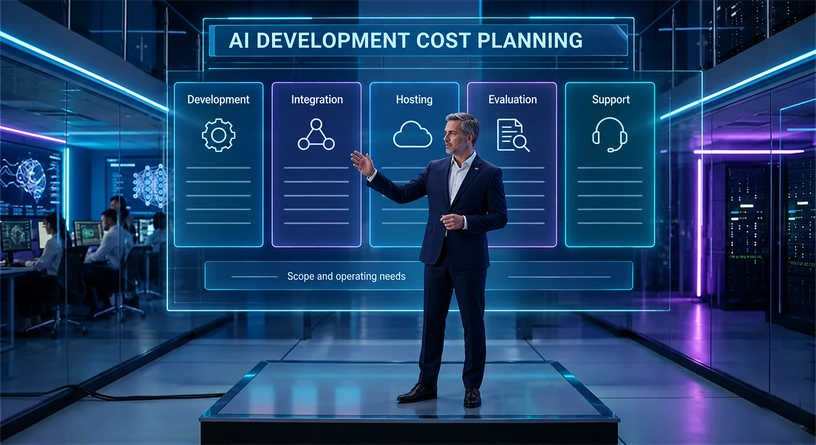 Fictional editorial planning scene showing development, integration, hosting, evaluation and support cost categories.