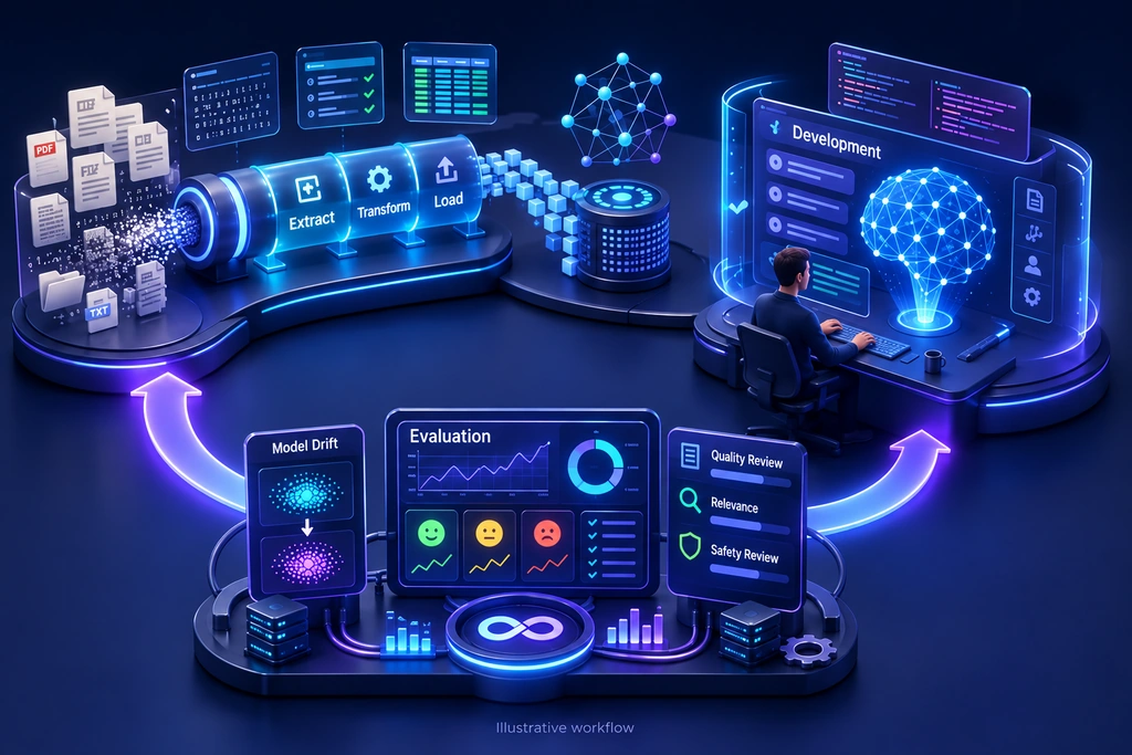 Illustrative AI development lifecycle linking data preparation, development, evaluation and model-drift review.