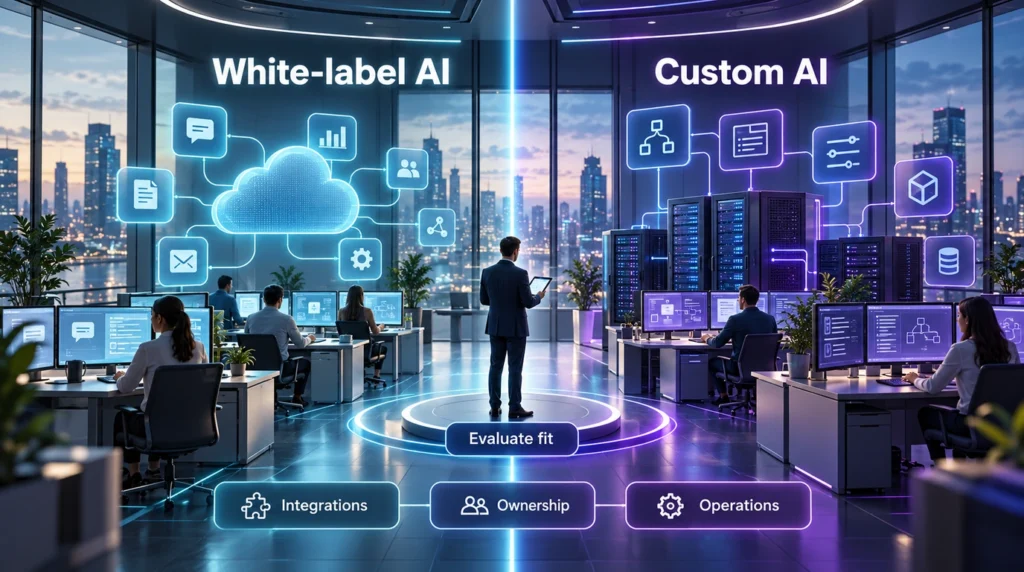 Conceptual comparison of white-label and custom AI options, integrations, ownership and operations.