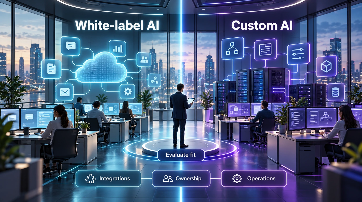 Conceptual comparison of white-label and custom AI options, integrations, ownership and operations.