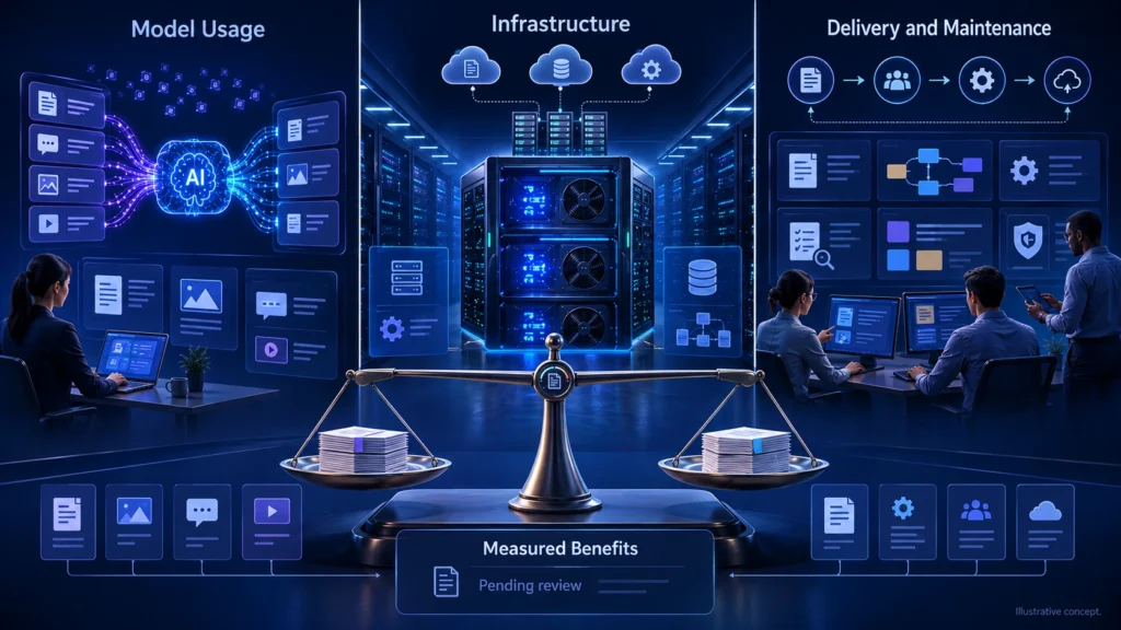 Conceptual comparison of model usage, infrastructure and delivery costs with measured benefits.