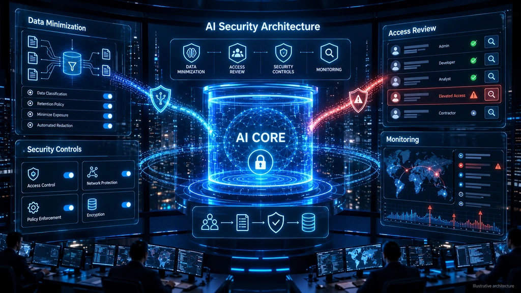 Illustrative AI security architecture showing data minimization, access reviews, security controls and monitoring around an AI core.