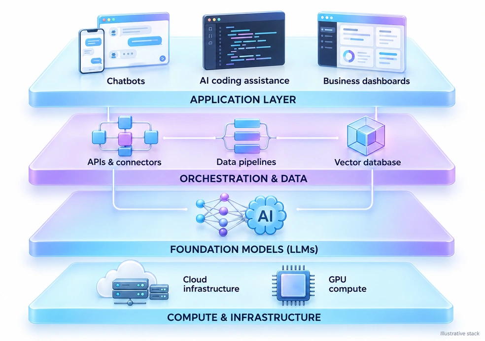 Illustrative generative AI stack showing application, orchestration and data, foundation model, and compute layers.