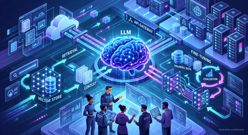 Illustrative enterprise AI architecture connecting an LLM with retrieval, vector storage, APIs and model adaptation.