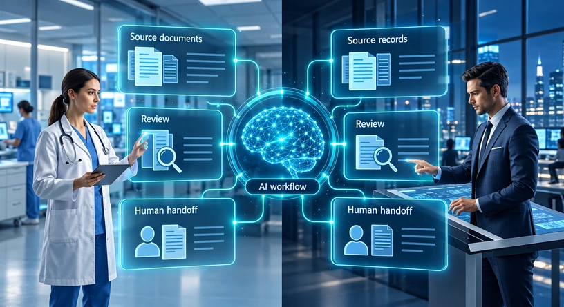 Conceptual healthcare and finance AI workflows with source checks, review and human handoff.