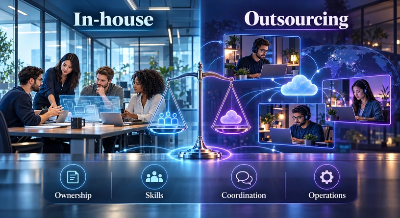 Fictional editorial comparison of in-house and outsourced AI development, considering ownership, skills, coordination and operations.