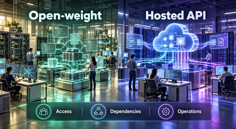 Conceptual comparison of open-weight and hosted API deployment, considering access, dependencies and operations.