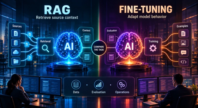 Conceptual comparison of retrieval-augmented generation and fine-tuning across data, evaluation and operations.