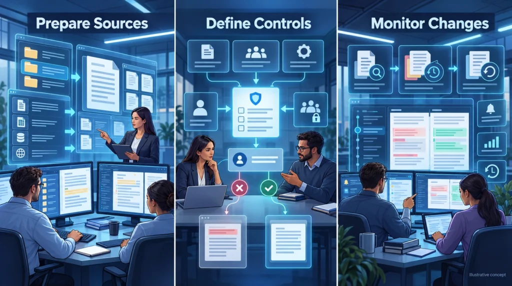 Illustrative source preparation, behavior controls and change monitoring workflow.