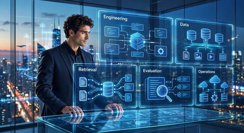 Fictional developer illustration with engineering, data, retrieval, evaluation and operations concepts.