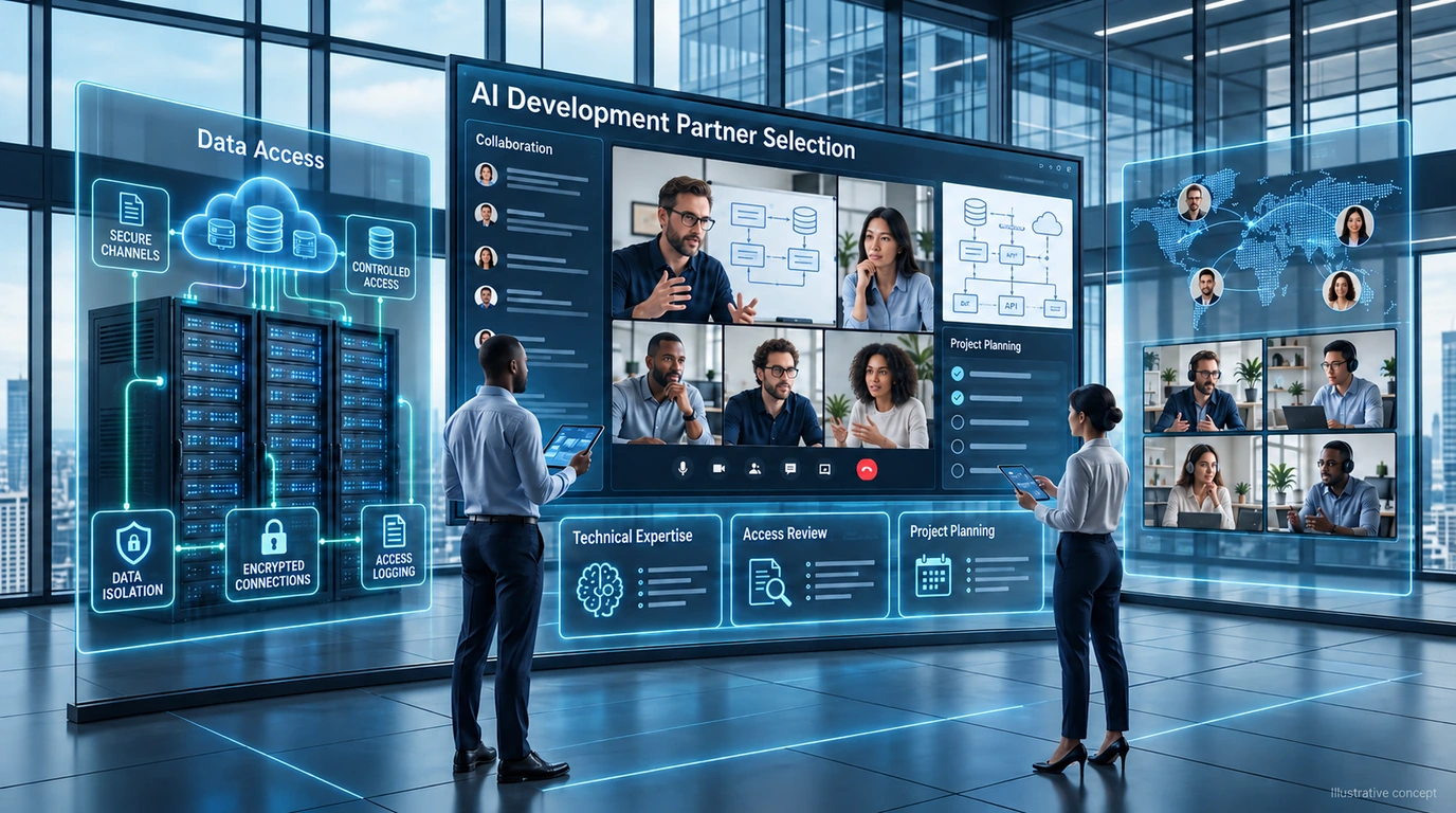 Illustrative AI development partner discussion with remote collaboration, software architecture and data-access panels.