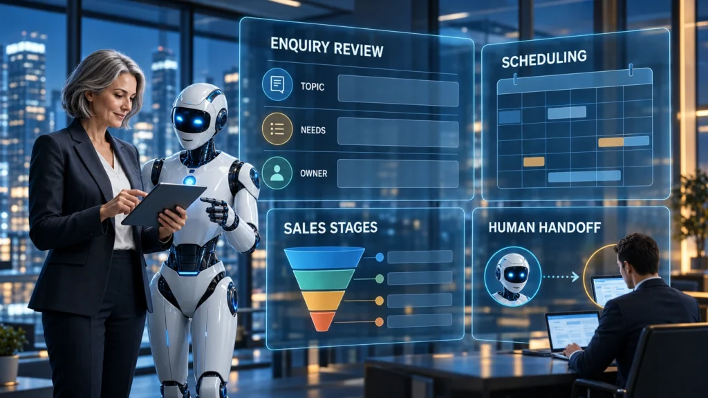 Illustrative B2B chatbot enquiry review, scheduling and human handoff in a fictional office.