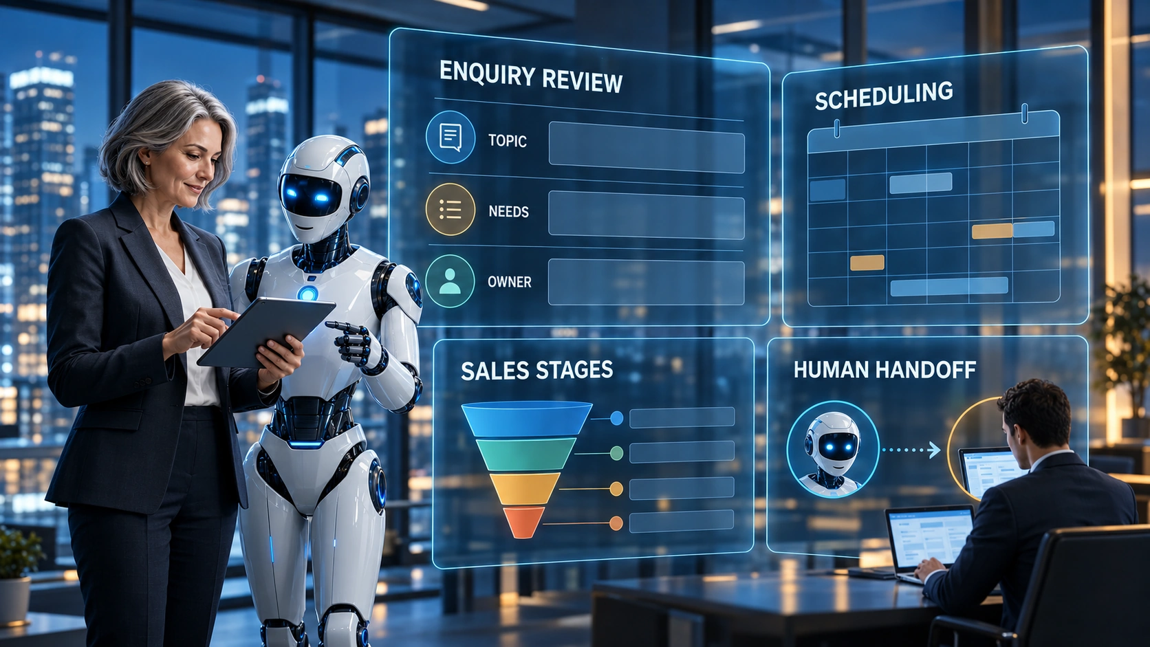 Illustrative B2B chatbot enquiry review, scheduling and human handoff in a fictional office.
