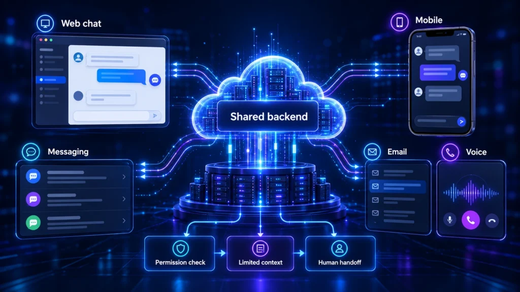Conceptual channel-routing architecture connecting web chat, mobile, messaging, email and voice through permission checks, limited context and human handoff.
