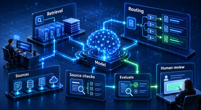 Conceptual chatbot architecture showing retrieval, source checks, evaluation and human review.