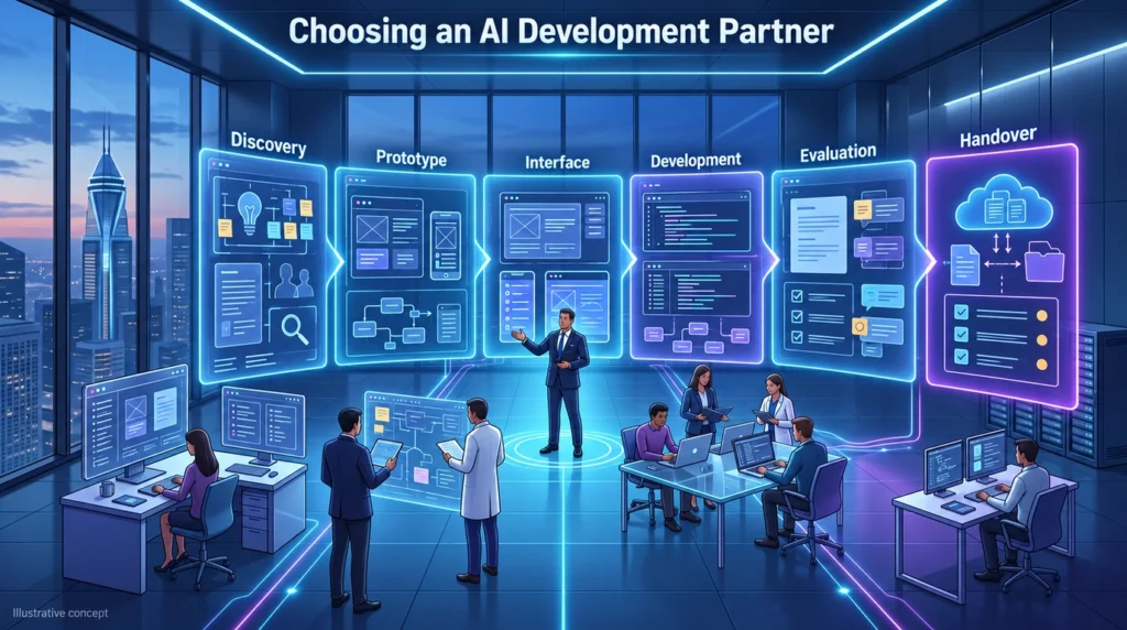 Illustrative AI partner evaluation and delivery stages from discovery to handover.