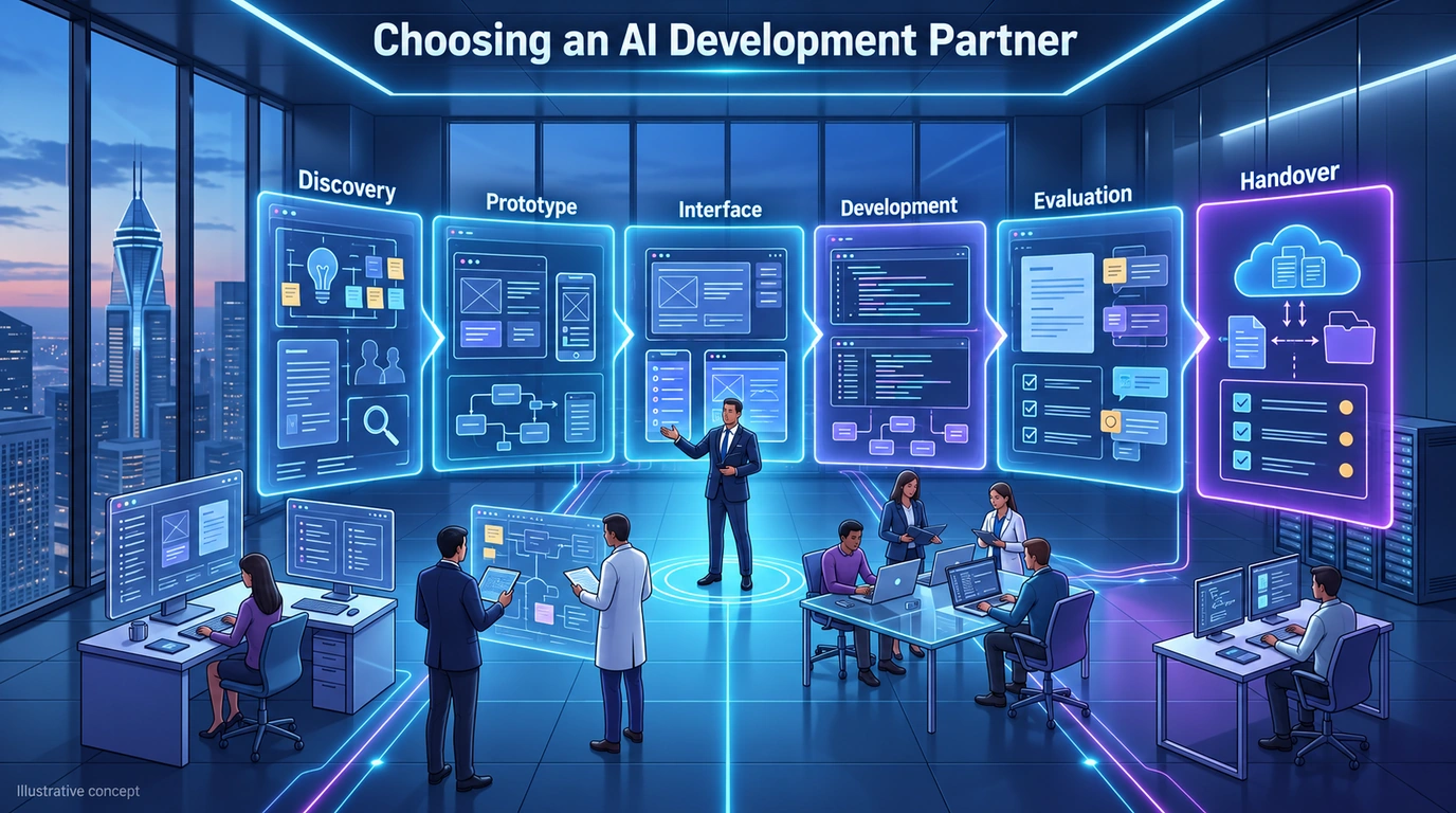 Illustrative AI partner evaluation and delivery stages from discovery to handover.