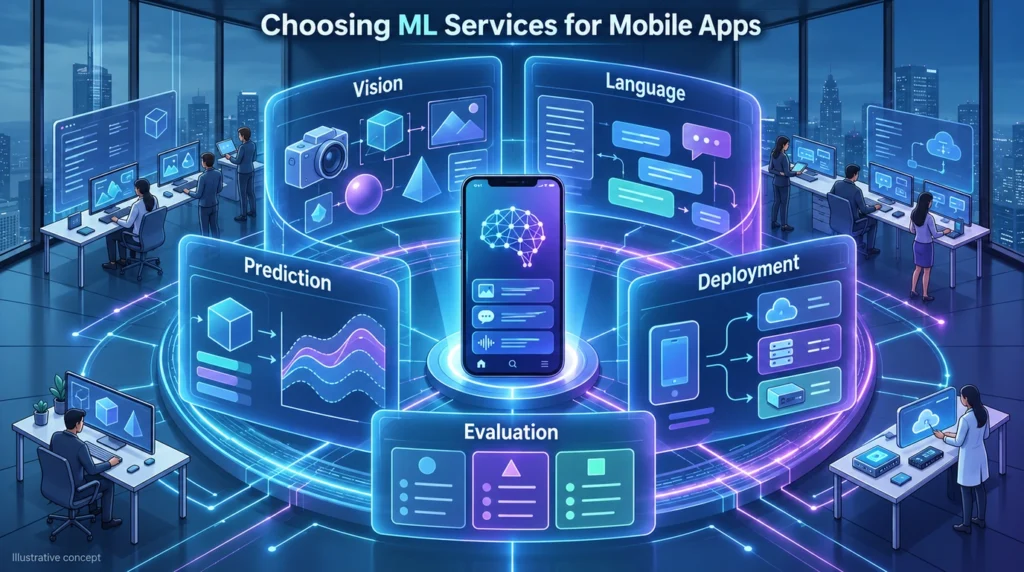 Illustrative mobile machine-learning options and evaluation considerations.