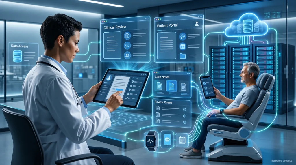 Illustrative clinician and patient reviewing a digital patient portal and care-note workflow.