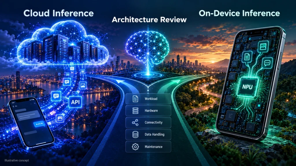 Cloud and on-device AI architecture reviewed for workload, hardware, connectivity, data handling and maintenance.