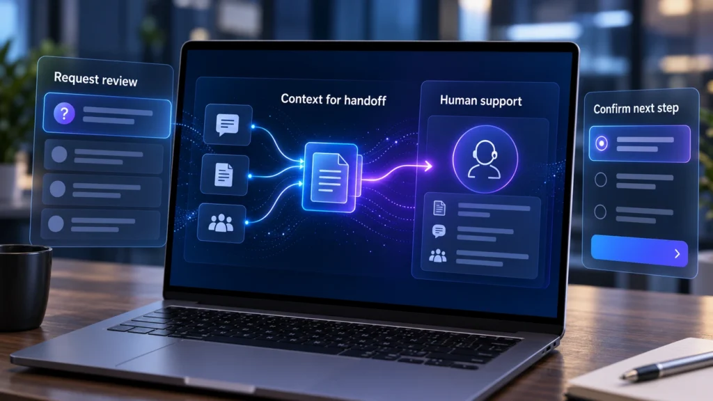Conceptual laptop workflow for request review, selecting context for human support and confirming the next step.