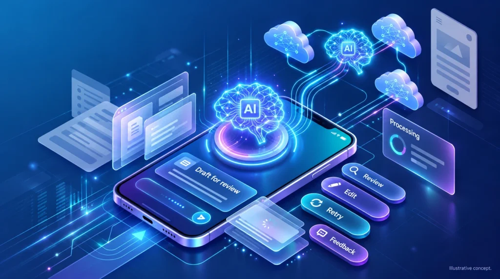 Conceptual AI interface with progress, review, editing and recovery controls.