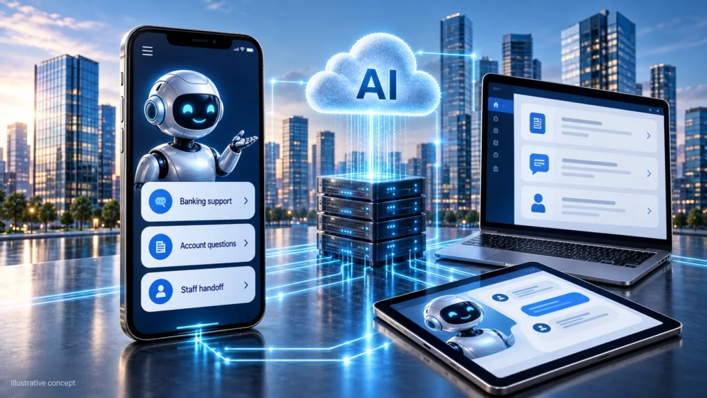 Illustrative banking AI support across a smartphone, laptop and tablet connected to cloud services.