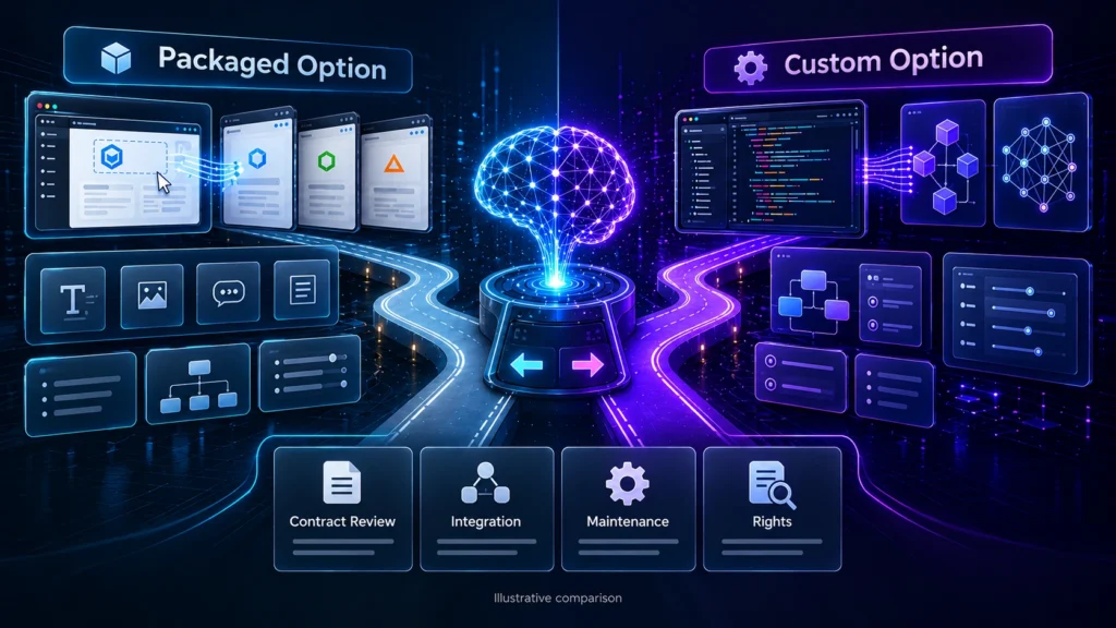 Custom and packaged application options compared through contracts, integration and maintenance.