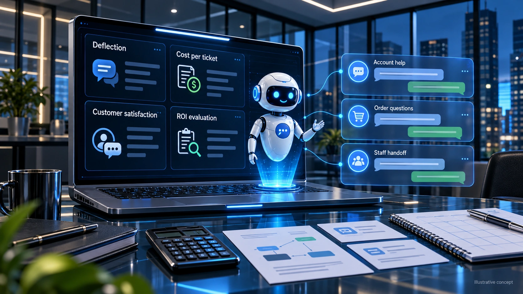 Illustrative customer-service chatbot dashboard for evaluating deflection, cost per ticket, satisfaction and ROI.