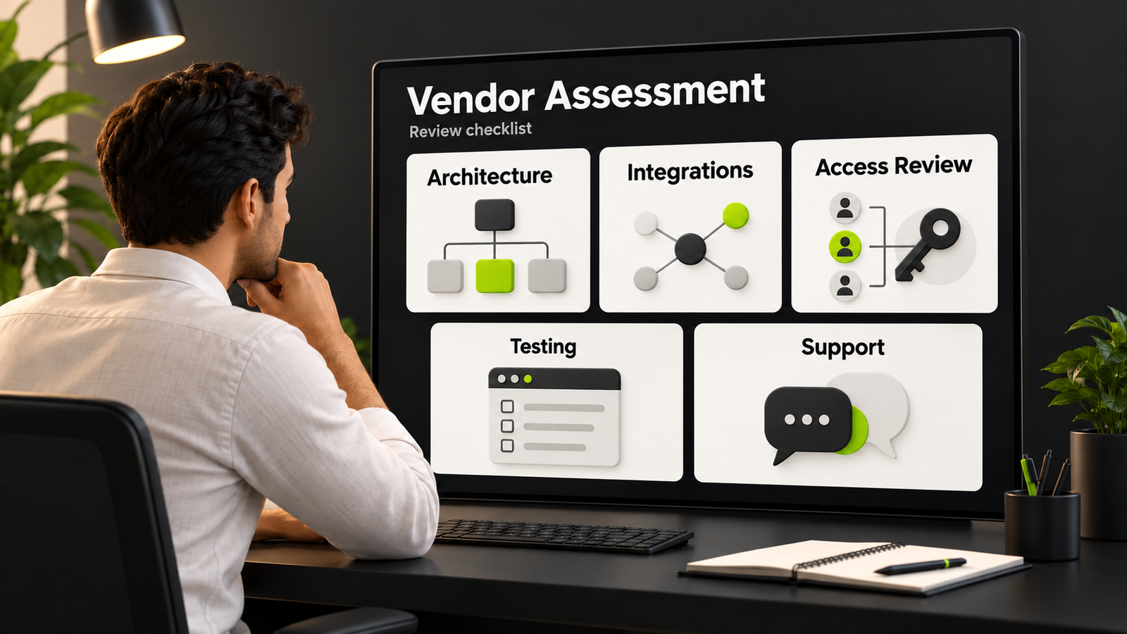 Vendor assessment checklist showing architecture, integrations, access review, testing and support
