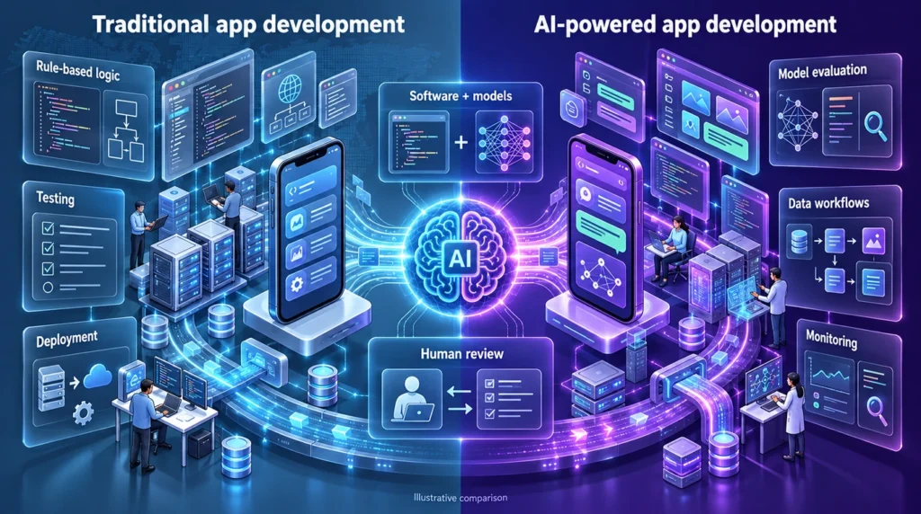 Illustrative comparison of traditional and AI-powered app development with testing, model evaluation and human review.
