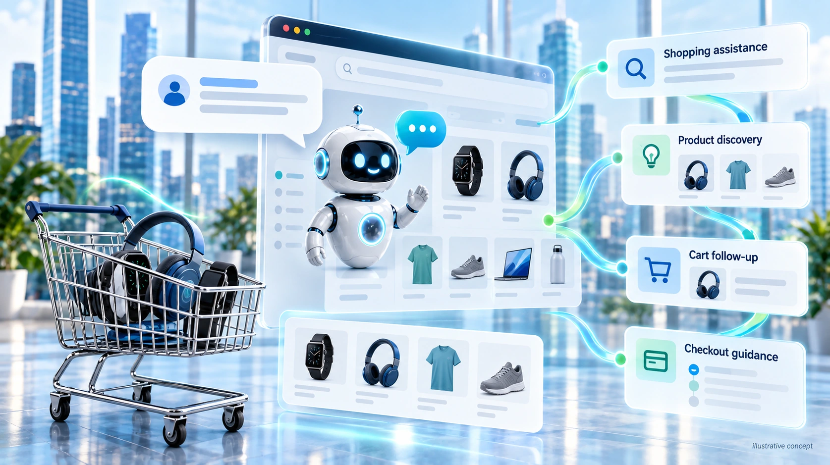 Illustrative ecommerce assistant supporting product discovery, cart follow-up and checkout guidance.