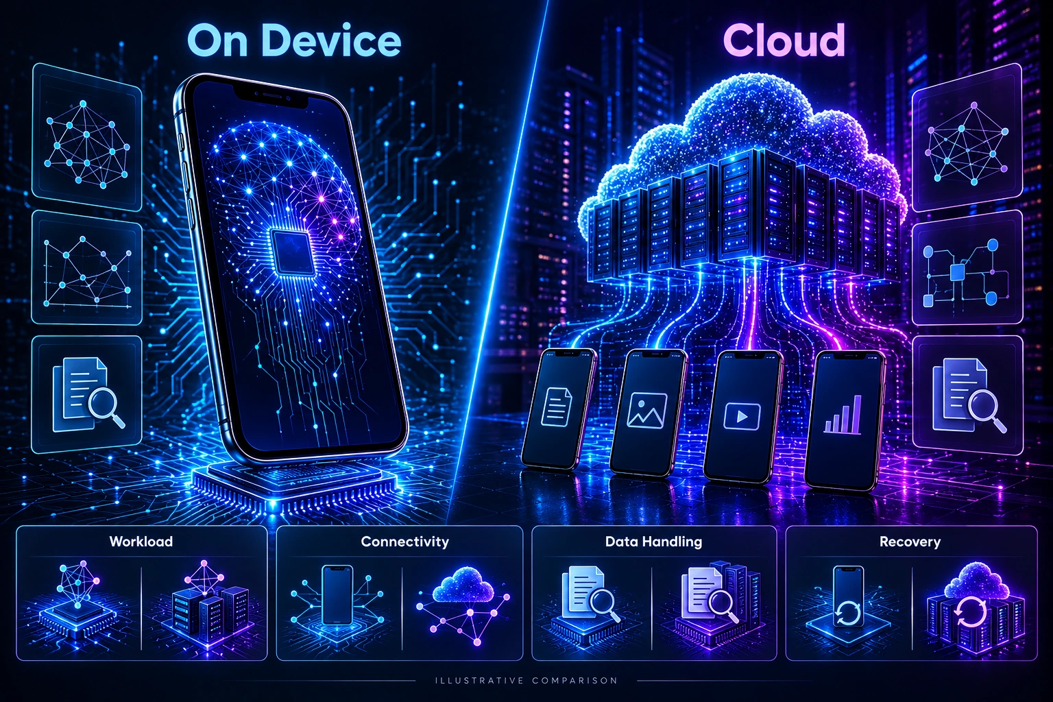 Balanced comparison of on-device and cloud AI deployment considerations.