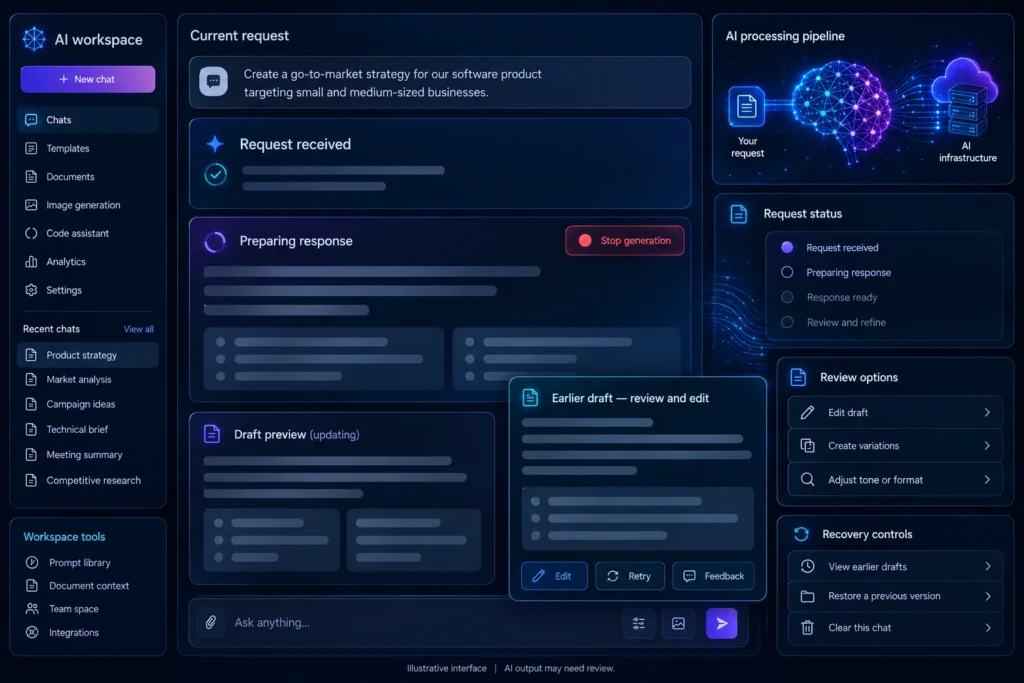 Illustrative AI interface with request status, response preparation, editable earlier draft, retry and feedback controls.