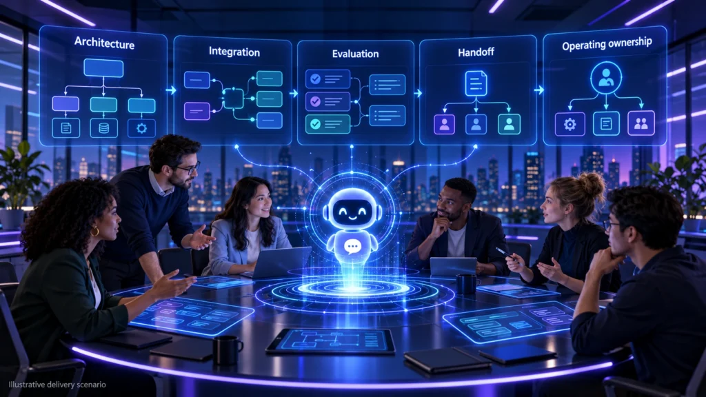Illustrative fictional delivery team reviewing architecture, integration, evaluation, handoff and operating ownership; not actual DigiWeta staff.