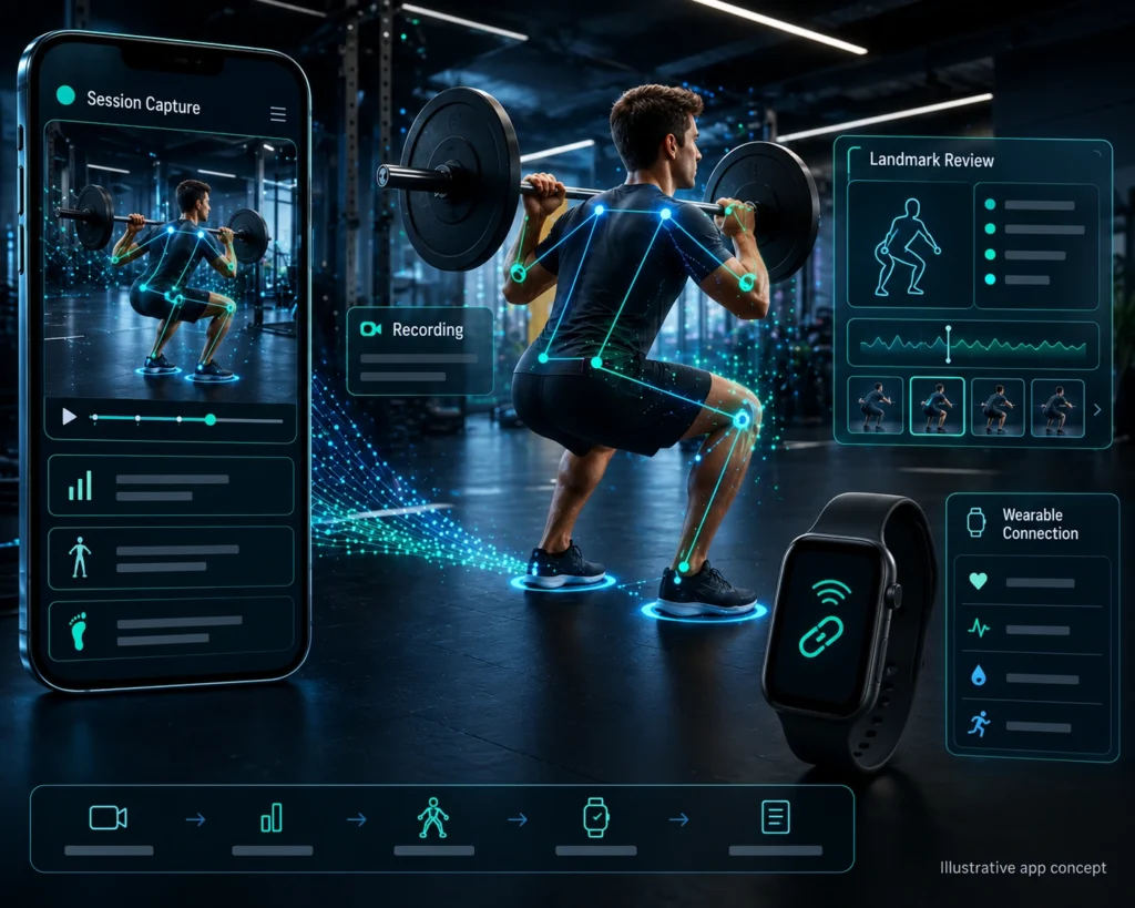 Illustrative fitness session capture and movement-landmark review concept.