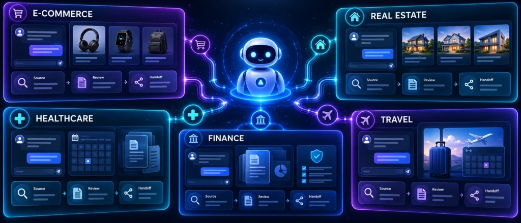 Conceptual enquiry, source review and human handoff workflows across e-commerce, healthcare administration, finance, real estate and travel.