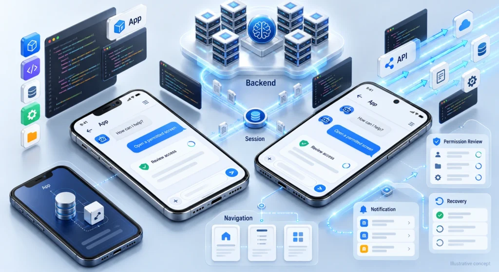 Conceptual mobile chatbot interfaces connected to backend, navigation and notification workflows.