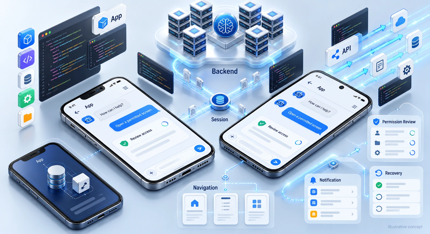 Conceptual mobile chatbot interfaces connected to backend, navigation and notification workflows.