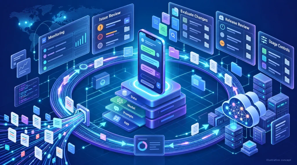 Illustrative post-launch monitoring, issue review, evaluation and release workflow.