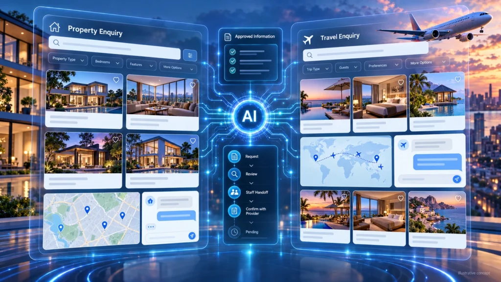 Illustrative property and travel enquiries connected to approved information and booking review.
