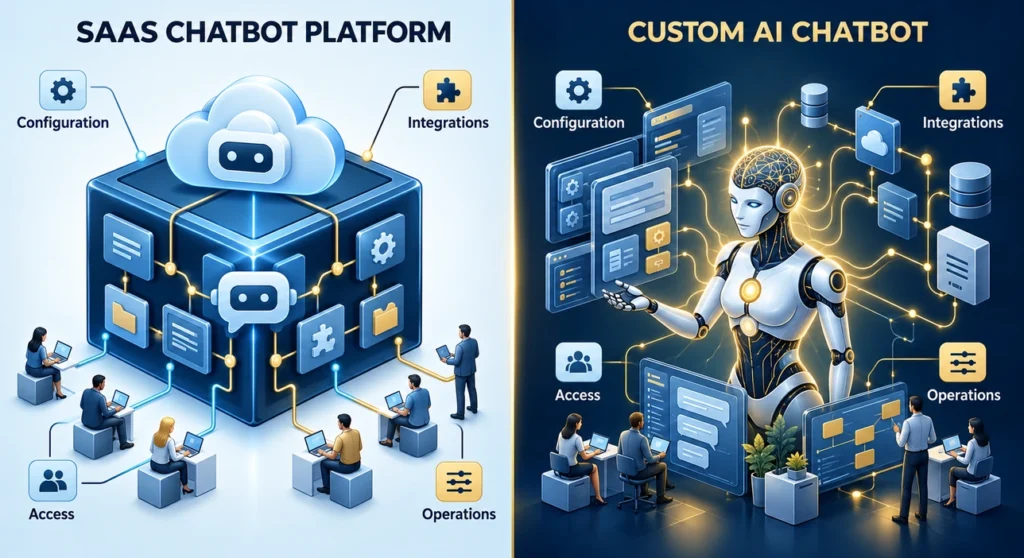 Conceptual comparison of SaaS and custom chatbot configuration, integrations, access and operations.