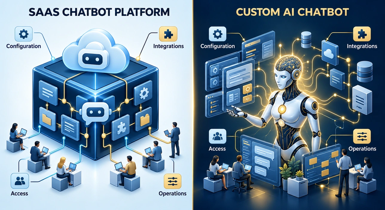 Conceptual comparison of SaaS and custom chatbot configuration, integrations, access and operations.